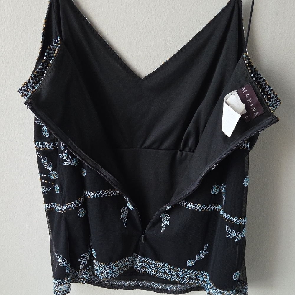 Vintage MARINA Black Camisole with Blue And Gold Floral Beading Womens Large - Picture 10 of 11